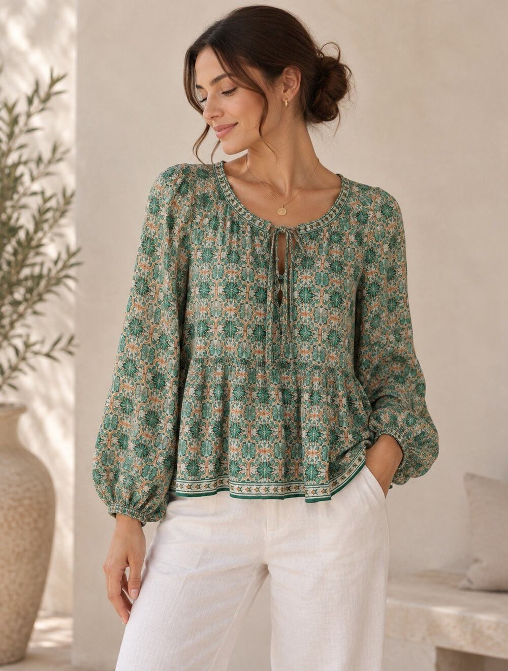 NWT Max Studio London Blouse M Green Floral Boho Peasant Tie Neck Balloon Sleeve